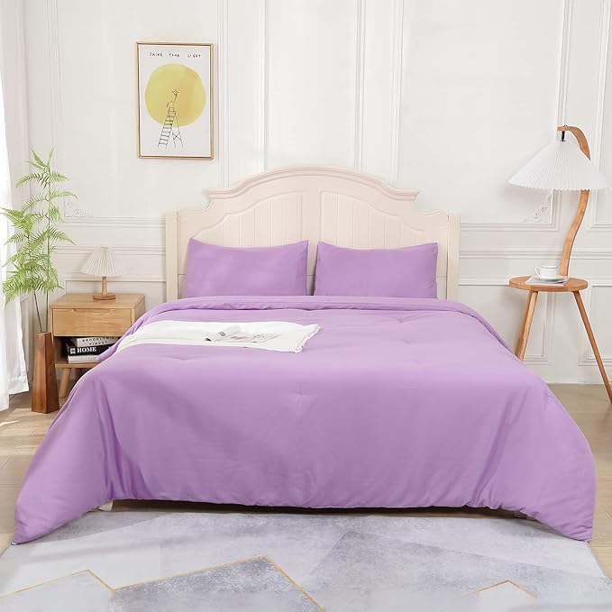 Lavender Purple Comforter Twin Size, Modern Bedding Set for Girls/Women, Cute Soft & Lightweight Chic Microfiber Bed Sets, 2pc- 1 Comforter & 1 Pillowcase (66x90 Inches) - LeafyLoom