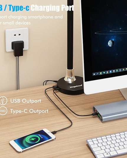 Megainvo LED Desk Lamp with Clamp, 24W Desk Light w/Timer & USB Charging for Home Office, Eye-Care Desk Lamps 5 Color Modes Stepless Dimming Adjustable Table Light for Monitor Work Study Reading - LeafyLoom