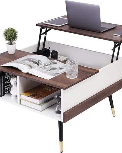 TOPSKY Lift Top Coffee Table, Square Coffee Table with Storage Shelves (Light Walnut) - LeafyLoom