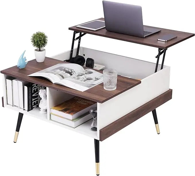 TOPSKY Lift Top Coffee Table, Square Coffee Table with Storage Shelves (Light Walnut) - LeafyLoom