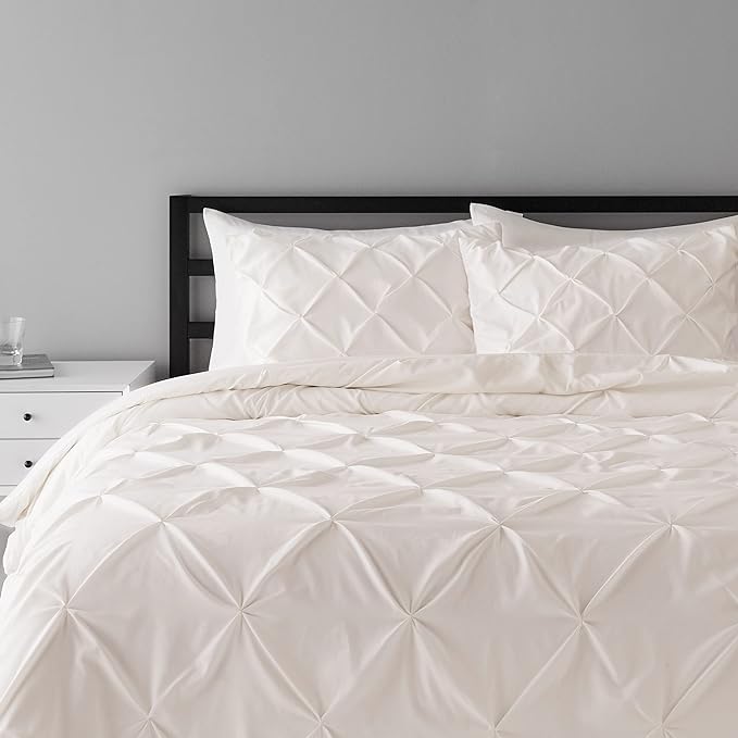 Amazon Basics All-Season Down-Alternative Comforter 3-Piece Bedding Set, Pinch Pleat, King, Pinch-Pleat With Piped Edges, Cream - LeafyLoom
