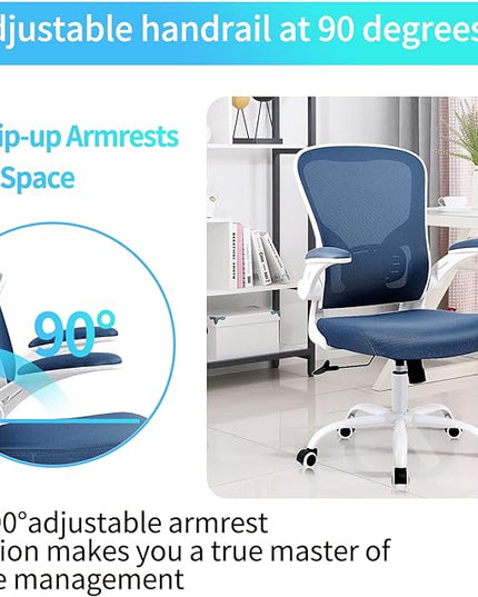 Ergonomic Office Desk Chair Breathable Mesh Swivel Computer Chair, Lumbar Back Support Task Chair, Office Chairs with Wheels and Flip-up Arms, Adjustable Height(White & Blue) - LeafyLoom