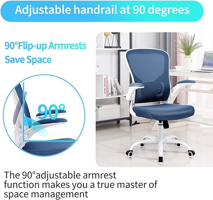 Ergonomic Office Desk Chair Breathable Mesh Swivel Computer Chair, Lumbar Back Support Task Chair, Office Chairs with Wheels and Flip-up Arms, Adjustable Height(White & Blue) - LeafyLoom