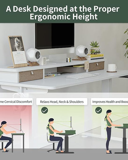 FEZIBO 55 x 24 Inch Height Adjustable Electric Standing Desk with Double Drawer, Stand Up Desk with Storage Shelf, Sit Stand Desk, White - LeafyLoom