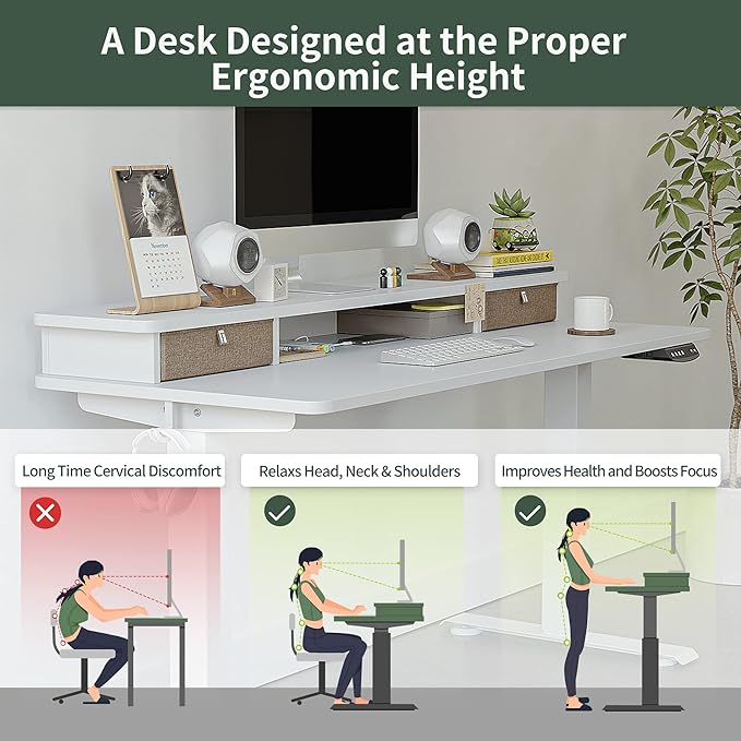 FEZIBO 55 x 24 Inch Height Adjustable Electric Standing Desk with Double Drawer, Stand Up Desk with Storage Shelf, Sit Stand Desk, White - LeafyLoom