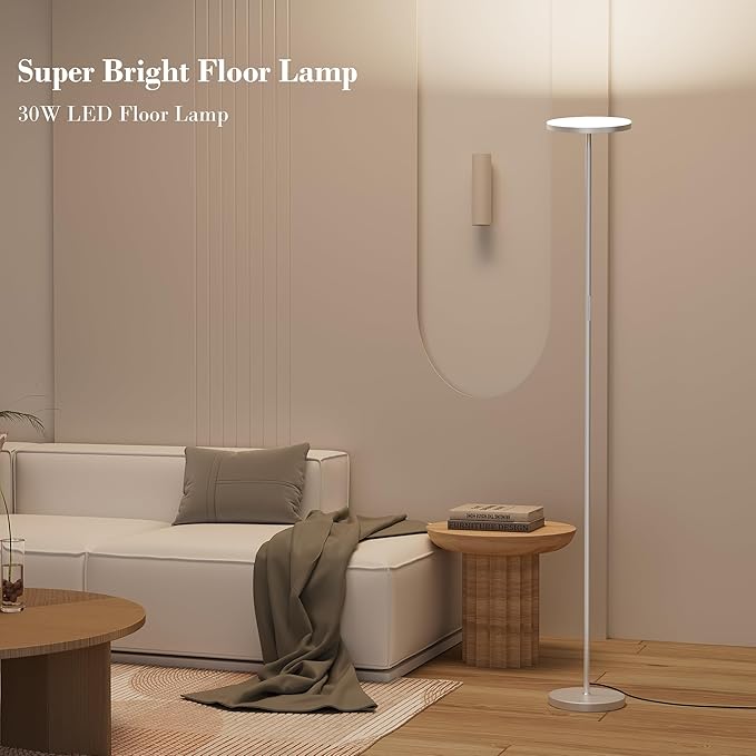 LED Floor Lamp, 30W/2500LM Super Bright Standing Light, Modern Torchiere Sky Lamp with 4 Color Temperatures, Remote Touch Control, Corner Lighting for Living Room, Bedroom, Office, Silver Grey - LeafyLoom