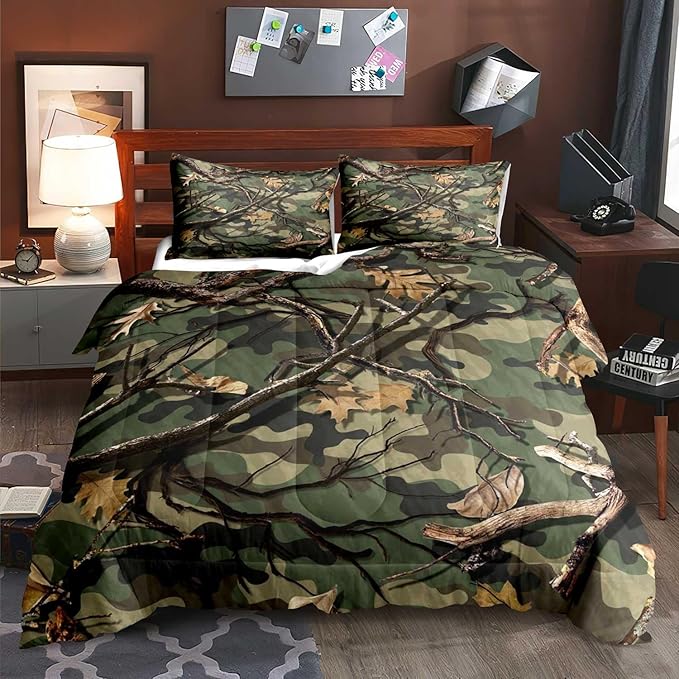 LUVIVIHOME 3PCS Green Camo Comforter Set King Size, Rustic Camouflage Bedding Quilt Country Farmhouse Forest Man Cave Bedroom Decor, Hunting Gifts for Men Husband Boyfriend Boys, 2 Pillow Shams - LeafyLoom
