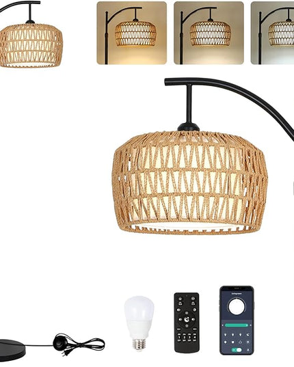 Arc Floor Lamp with Remote, Dimmable Rattan Floor Lamp with LED Bulb, Boho Farmhouse Tall Pole Lamp with Rattan & Fabric Shades, Modern Black Standing Lamps for Living Room Bedroom Nursery - LeafyLoom