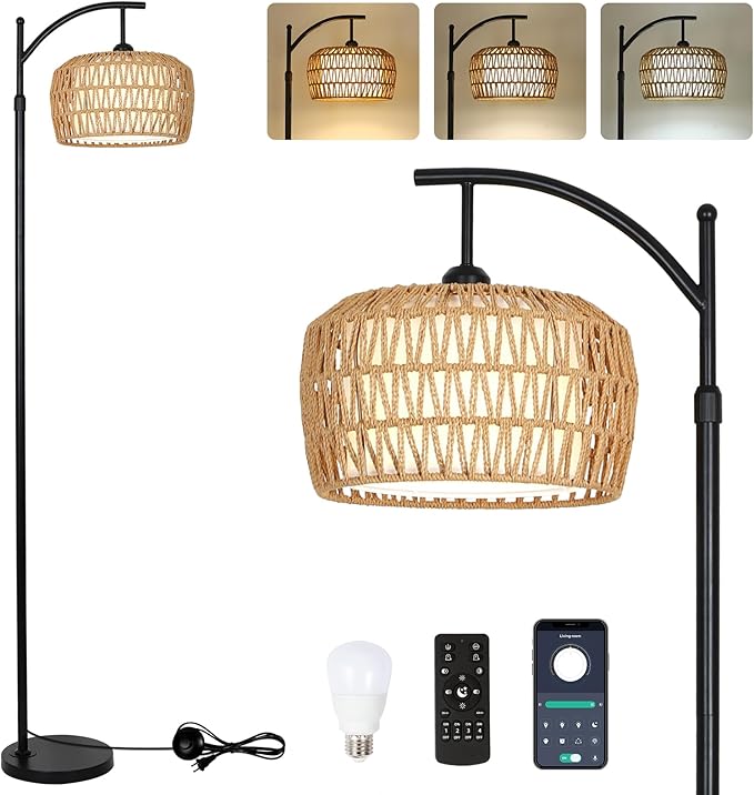 Arc Floor Lamp with Remote, Dimmable Rattan Floor Lamp with LED Bulb, Boho Farmhouse Tall Pole Lamp with Rattan & Fabric Shades, Modern Black Standing Lamps for Living Room Bedroom Nursery - LeafyLoom