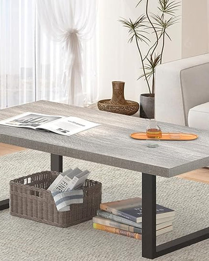 IBF Grey Coffee Table, Wood Metal Coffee Table for Living Room, Farmhouse Minimalist Rustic Center Table, Industrial Simple Rectangle Wooden Cocktail Tea Table for Bedroom, Light Grey Oak, 47 Inch - LeafyLoom