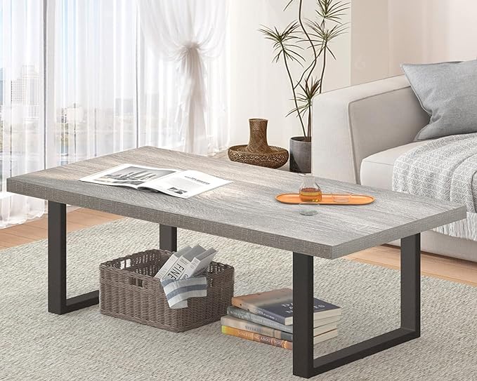 IBF Grey Coffee Table, Wood Metal Coffee Table for Living Room, Farmhouse Minimalist Rustic Center Table, Industrial Simple Rectangle Wooden Cocktail Tea Table for Bedroom, Light Grey Oak, 47 Inch - LeafyLoom