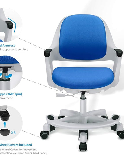 Kids Desk Chair: Ergonomic Kids Computer Chair | Adjustable Kids Office Chair with Wheels & Arms | Study Chair for Girls and Boys - Kids Chair Desk with Wheel Covers (Ocean Blue) - LeafyLoom