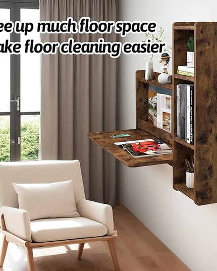 Pmnianhua Farmhouse Floating Desk,41''Wall Mounted Desk,L Shaped Folding Table,Fold Down Laptop Computer Table with Storage for Wall Bedroom Small Space (Rustic Brown-Right) - LeafyLoom