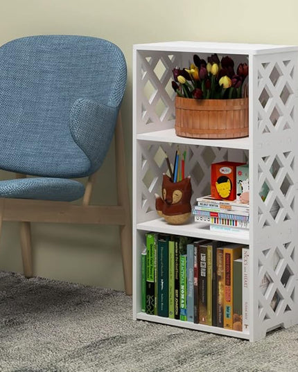 Bookcase 4 Tier, 3-Shelf Kids Bookshelf - Compact Book Organizer and Open Shelf Rack for Bedroom, Living Room, Office, Bathroom - Ideal Small Bookcase for Small Spaces - White - LeafyLoom
