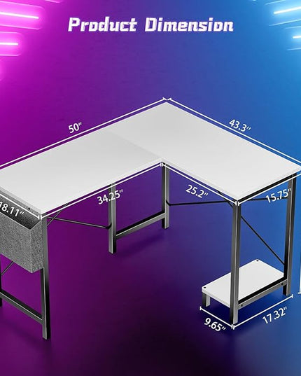DUMOS Wood Computer Desk PC Gaming Table with Side Storage Bag for Home Office Small Spaces, White, 50 Inch - LeafyLoom
