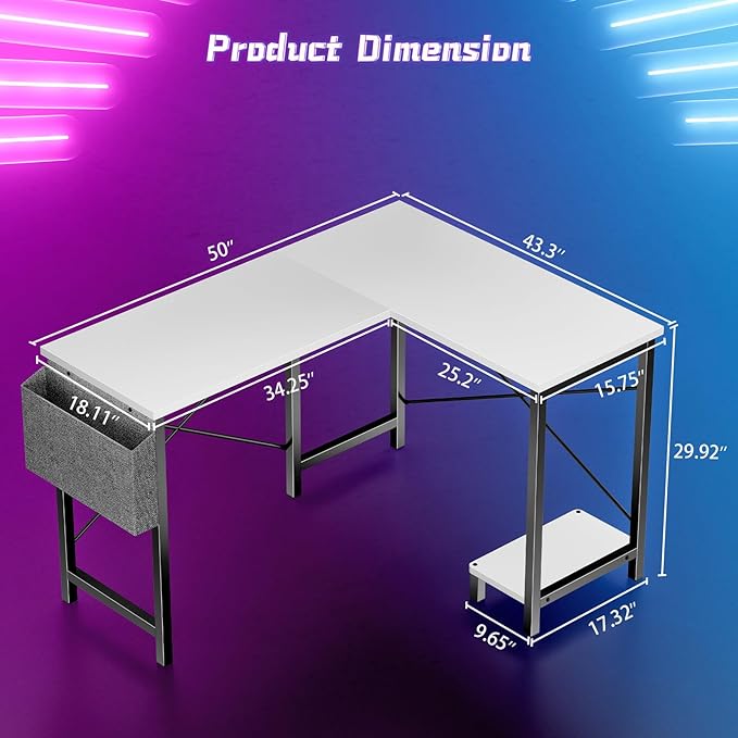 DUMOS Wood Computer Desk PC Gaming Table with Side Storage Bag for Home Office Small Spaces, White, 50 Inch - LeafyLoom