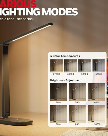 Honeywell Sunturalux™ LED Desk Lamp Dimmable Desk Light with USB A+C Dual Charging Port Eye-Caring Foldable Table Lamp with 4 Color Modes for Home Office Bedroom Reading Study Work HWT-H2B Black - LeafyLoom