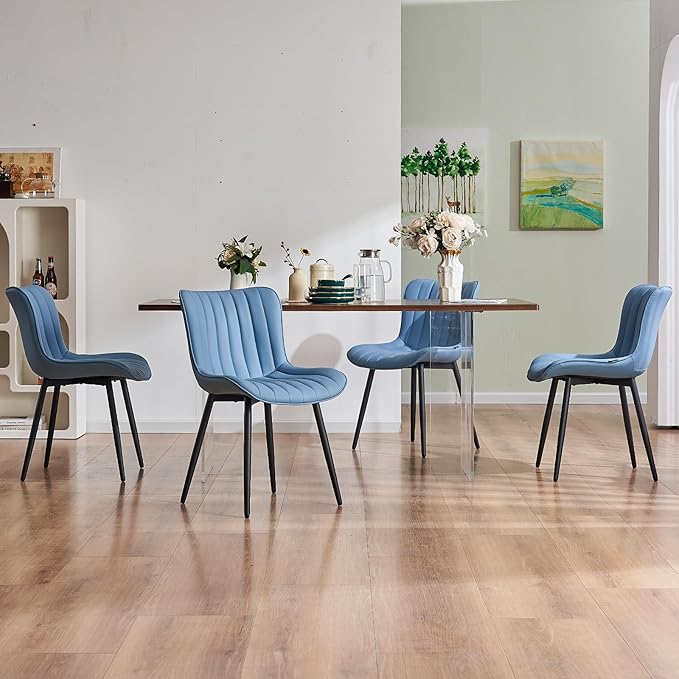 YOUNUOKE Blue Dining Chairs Set of 2 Upholstered Mid Century Modern Kitchen Dinner Chair Armless Faux Leather Guest Waiting Room Side Chair with Padded Backrest Metal Legs for Living Room Bedroom - LeafyLoom