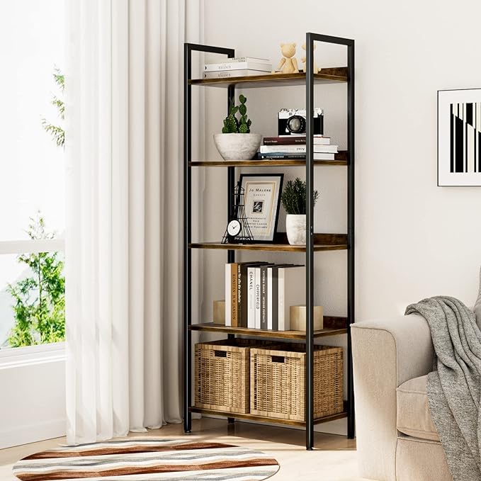 NUMENN Bookshelf, 5 Tier Bookshelves, Home Office Bookcase Shelf Storage Organizer, Free Standing Storage Shelving Unit for Bedroom, Living Room and Home Office, Vintage - LeafyLoom