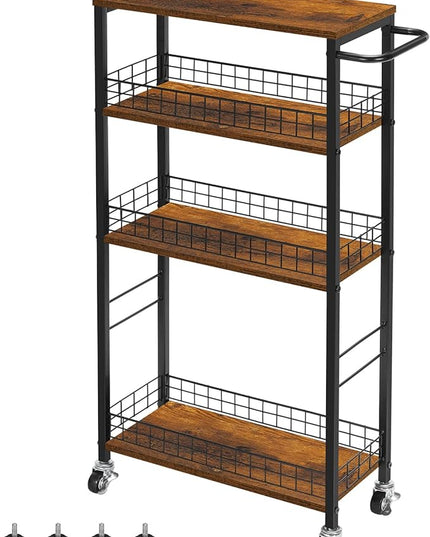 YBING Slim Storage Cart 4 Tier Kitchen Rolling Cart on Wheels Mobile Narrow Cart with Wooden Tabletop Slide Out Utility Cart for Bathroom Laundry Narrow Places Rustic Brown 16.5''L X 7.3''W X 34.6''H - LeafyLoom