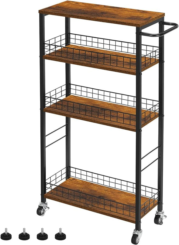 YBING Slim Storage Cart 4 Tier Kitchen Rolling Cart on Wheels Mobile Narrow Cart with Wooden Tabletop Slide Out Utility Cart for Bathroom Laundry Narrow Places Rustic Brown 16.5''L X 7.3''W X 34.6''H - LeafyLoom