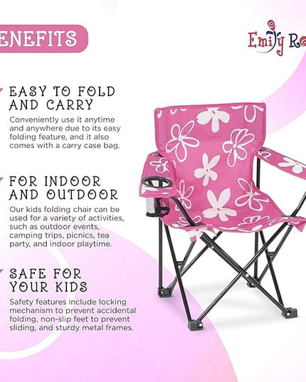 Emily Rose Kids Folding Chair | USA Company | Pink Kid Beach Chair with Safety Lock- Camping Chair for Girls Toddler with Cup Holder & Carry Case- Tailgate, Travel, Beach, Lawn- for Indoor & Outdoor - LeafyLoom