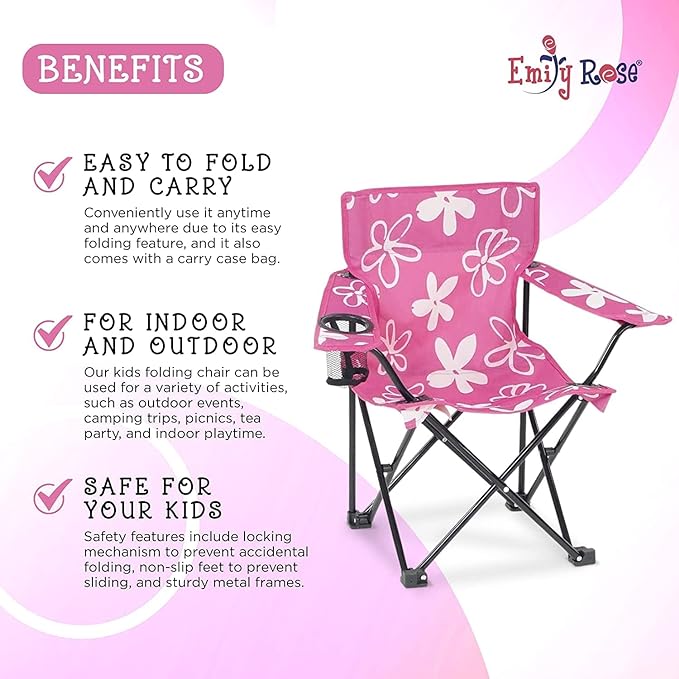 Emily Rose Kids Folding Chair | USA Company | Pink Kid Beach Chair with Safety Lock- Camping Chair for Girls Toddler with Cup Holder & Carry Case- Tailgate, Travel, Beach, Lawn- for Indoor & Outdoor - LeafyLoom