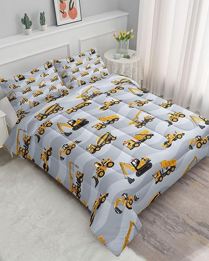 Datura home Construction Truck Comforter Set for Boys Kids Children,Grey Machinery Truck Excavators Vehicles Cartoon Tractor Bedding Set with 1 Comforter and 2 Pillowcases(Truck Grey Full) 80x90in - LeafyLoom
