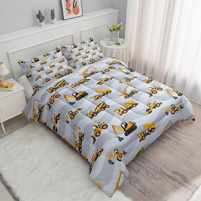 Datura home Construction Truck Comforter Set for Boys Kids Children,Grey Machinery Truck Excavators Vehicles Cartoon Tractor Bedding Set with 1 Comforter and 2 Pillowcases(Truck Grey Full) 80x90in - LeafyLoom