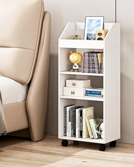 4-Tier Mobile Bookshelf, White Bookcase with Wheels, Rolling File Holder Desk File Book Organizer for Home Office Living Room School - LeafyLoom