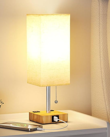 aooshine Beige Small Table Lamp for Bedroom - 3 Color Temperature 3000K 5000K 4000K Bedside Lamp, Pull Chain Control, USB A and C Ports and AC Outlets, Wood-grain Base, Bulb Included - LeafyLoom