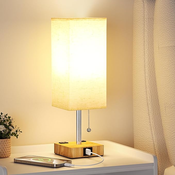 aooshine Beige Small Table Lamp for Bedroom - 3 Color Temperature 3000K 5000K 4000K Bedside Lamp, Pull Chain Control, USB A and C Ports and AC Outlets, Wood-grain Base, Bulb Included - LeafyLoom