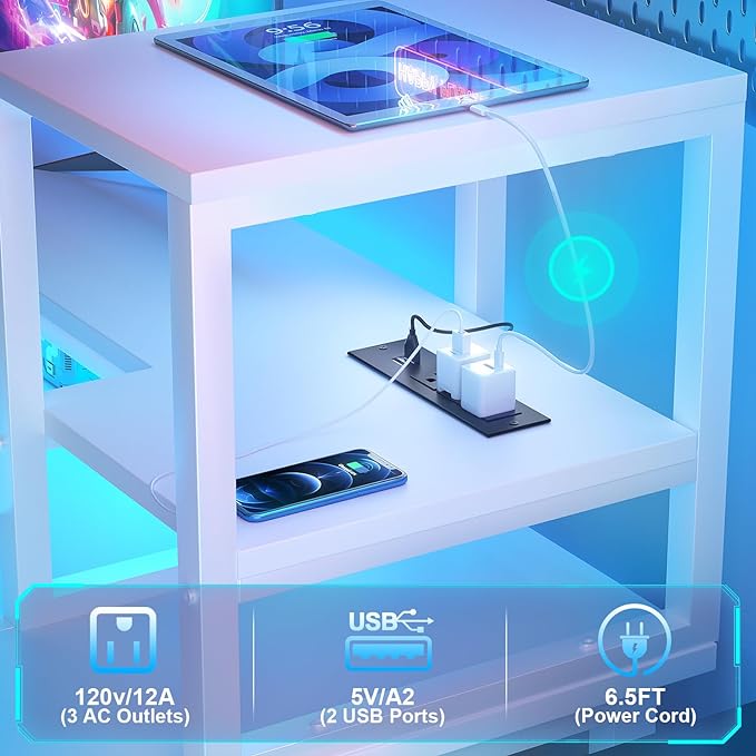 Gaming Desk with Lights & Power Outlets, 47.2' Computer Desk with Shelves, Small Desk for Small Space, Writing Desk with Monitor Stand, White - LeafyLoom