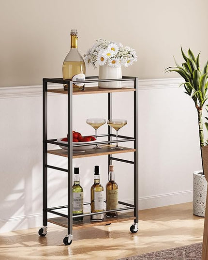 Rolling Cart, Mobile Kitchen Cart on Wheels, Narrow Storage Cart for Small Space, Wooden Service Cart, for Bathroom, Laundry, Living Room, Rustic Brown RCHR4001 - LeafyLoom