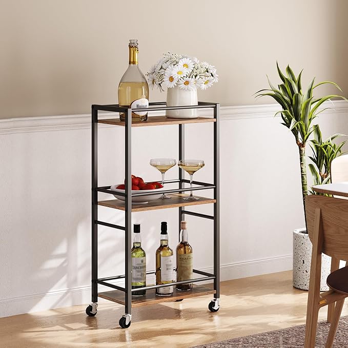 Rolling Cart, Mobile Kitchen Cart on Wheels, Narrow Storage Cart for Small Space, Wooden Service Cart, for Bathroom, Laundry, Living Room, Rustic Brown RCHR4001 - LeafyLoom