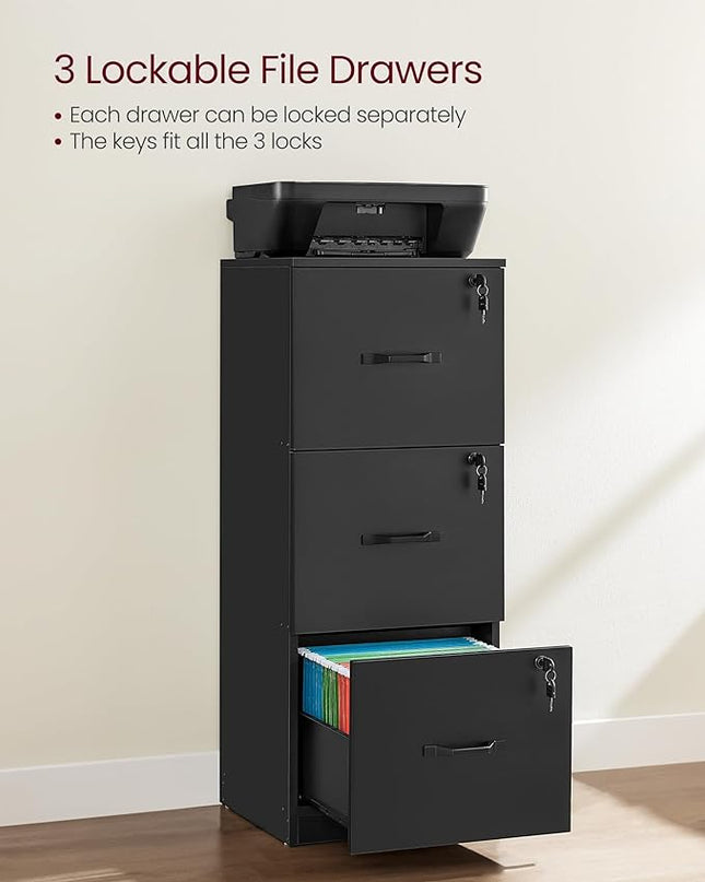 VASAGLE 3-Drawer Vertical File Cabinet, Filing Cabinet for Home Office, Printer Stand, with 3 Lockable Drawers, Adjustable Hanging Rail, for A4 and Letter-Size Files, Ink Black UOFC055B16 - LeafyLoom