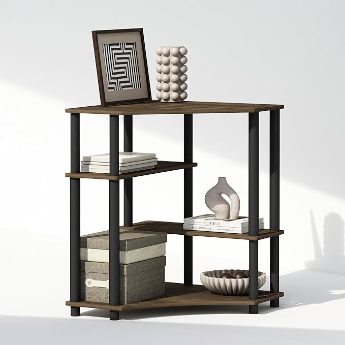 Furinno Turn-N-Tube Multipurpose Corner Shelf, Display Rack, Bookshelf, Columbia Walnut/Black - LeafyLoom