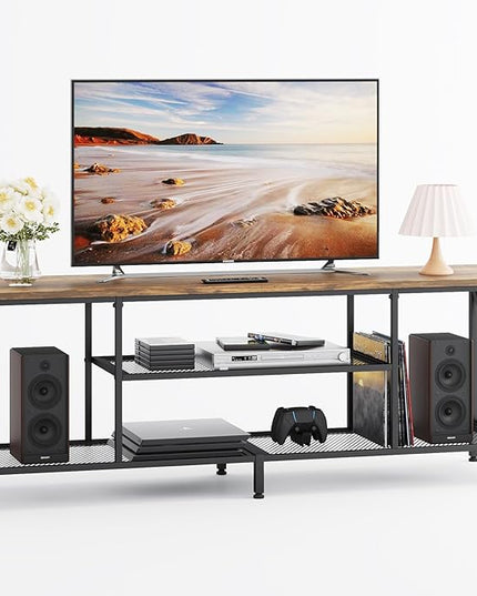 TV Stand for 70 Inch TV, 63" Entertainment Center for 50/55/60/65/70 Inch TV, Modern 3-Tier Open Storage Shelves, Industrial Long TV Media Console Table for Living Room, Bedroom, Rustic Brown - LeafyLoom