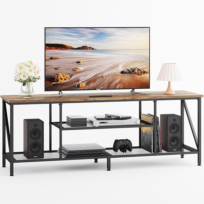 TV Stand for 70 Inch TV, 63" Entertainment Center for 50/55/60/65/70 Inch TV, Modern 3-Tier Open Storage Shelves, Industrial Long TV Media Console Table for Living Room, Bedroom, Rustic Brown - LeafyLoom
