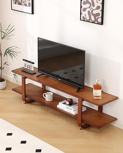 Tiita TV Stand with Storage for TVs up to 65'', Bamboo TV Console Entertainment Center with 2 Open Shelf, Mid Century Modern Media Console for Living Room, Bedroom, Walnut - LeafyLoom