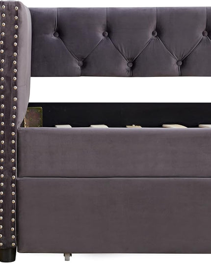 Twin Size Velvet Upholstered Daybed with Two Storage Drawers, Solid Wood Sofa Bed w/Button Tufted Backrest, for Living Room, Bedroom, Dorm, No Box Spring Needed, Grey - LeafyLoom
