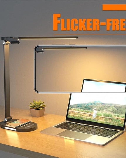 Clearance 12W Bright Desk Lamp for Home Office, Wireless Charger, USB Charging Port, 2 Night Light, 1H Timer AUTO-OFF, 5 Modes Dimmable 80 LED Desk Light, Adjustable 2 Office Lamp for Work, Computer - LeafyLoom