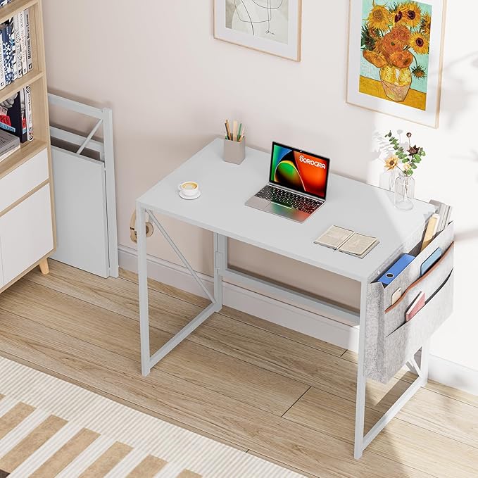 Folding Desk, Small Foldable Desk 31.5 Inch for Small Space, Computer Table Home Office Writing Desk with Storage Bag Headphone Hook, Easy Assembly, White - LeafyLoom
