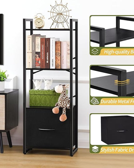 Yoobure Bookshelf, 4 Tier Book Shelf with Drawer, Small Bookcase Narrow Book Case, Industrial Bookshelves Shelf for Bedroom Living Room Office, Book Storage Organizer for CD/Movie Black - LeafyLoom