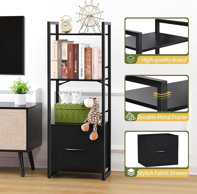 Yoobure Bookshelf, 4 Tier Book Shelf with Drawer, Small Bookcase Narrow Book Case, Industrial Bookshelves Shelf for Bedroom Living Room Office, Book Storage Organizer for CD/Movie Black - LeafyLoom