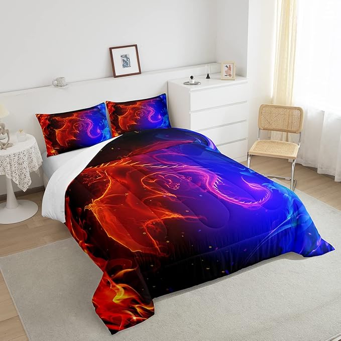 Erosebridal Dragon Comforter Set Nebula Bedding Set Twin Size Mysterious Outer Space Quilted Duvet Trippy Duvet Set for Kids Boys Girls Teens Young Man Room Decorative, Blue Red - LeafyLoom