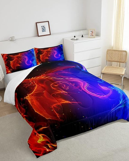 Erosebridal Dragon Comforter Set Nebula Bedding Set Queen Size Mysterious Outer Space Quilted Duvet Trippy Duvet Set for Kids Boys Girls Teens Young Man Room Decorative, Blue Red - LeafyLoom
