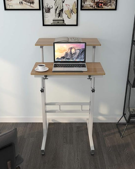 sogesfurniture Mobile Standing Desk Laptop Workstation on Wheels, Adjustable Computer Desk for Standing or Sitting, Oak 101-OK - LeafyLoom