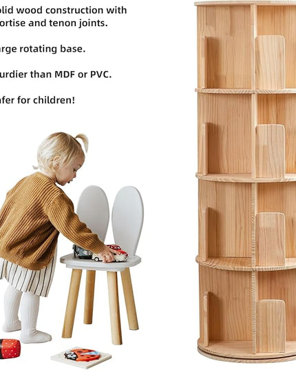 4 Tier Rotating Bookshelf 360 Display, Spinning Bookshelf Tower for Kids, Side Table, Floor Standing Bookcase Dtorage Rack, Circular Bookshelf Rotating for Living Room Study Room Office - LeafyLoom