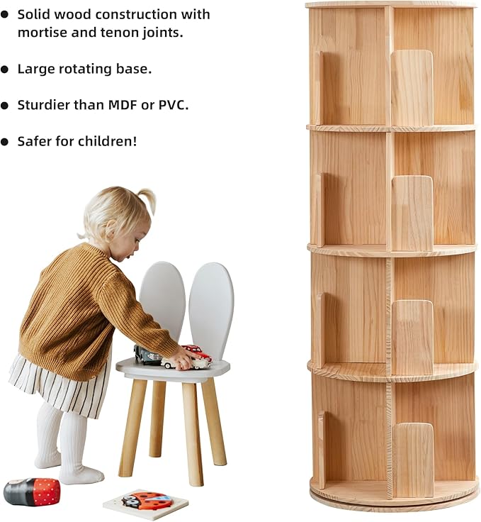 4 Tier Rotating Bookshelf 360 Display, Spinning Bookshelf Tower for Kids, Side Table, Floor Standing Bookcase Dtorage Rack, Circular Bookshelf Rotating for Living Room Study Room Office - LeafyLoom
